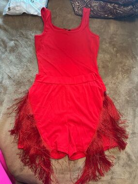Amazon Red Strapless Feather-Trim Bodycon Dress